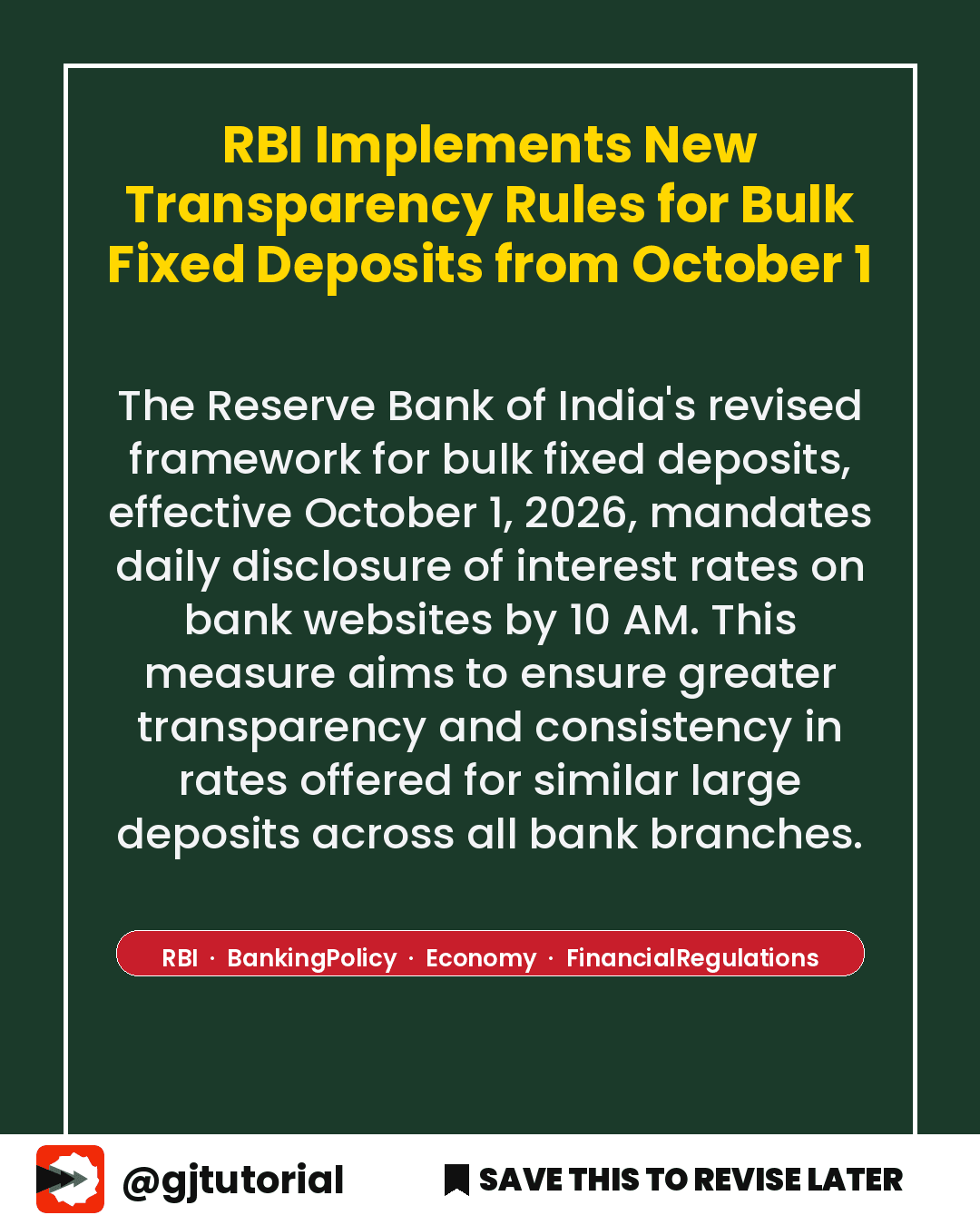 RBI Implements New Transparency Rules for Bulk Fixed Deposits from October 1
